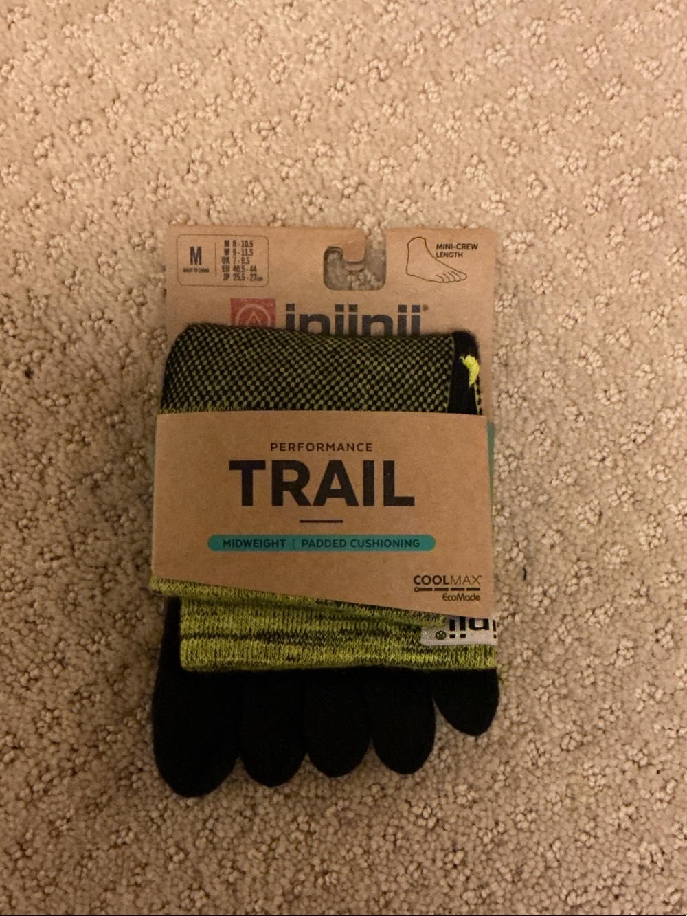 Injinji Trail Performance Midweight Crew Socks - size M, Yellow/Black